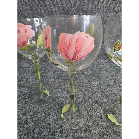 Set of 4 Hand-Painted Floral Wine Glasses Pink Flower Elegant Stemware 8.25" - Picture 5 of 7